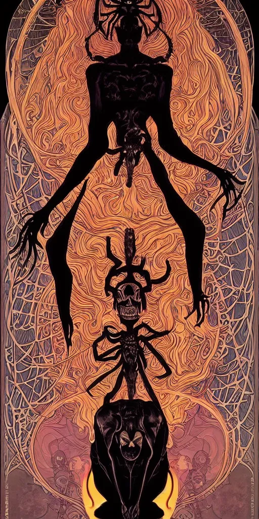 Image similar to intense glowing black metal pagan god with horns and spider eyes and spider legs with a skull in very dark void by josan gonzales and moebius and alphonse mucha, portrait, studio muti, malika favre, rhads, makoto