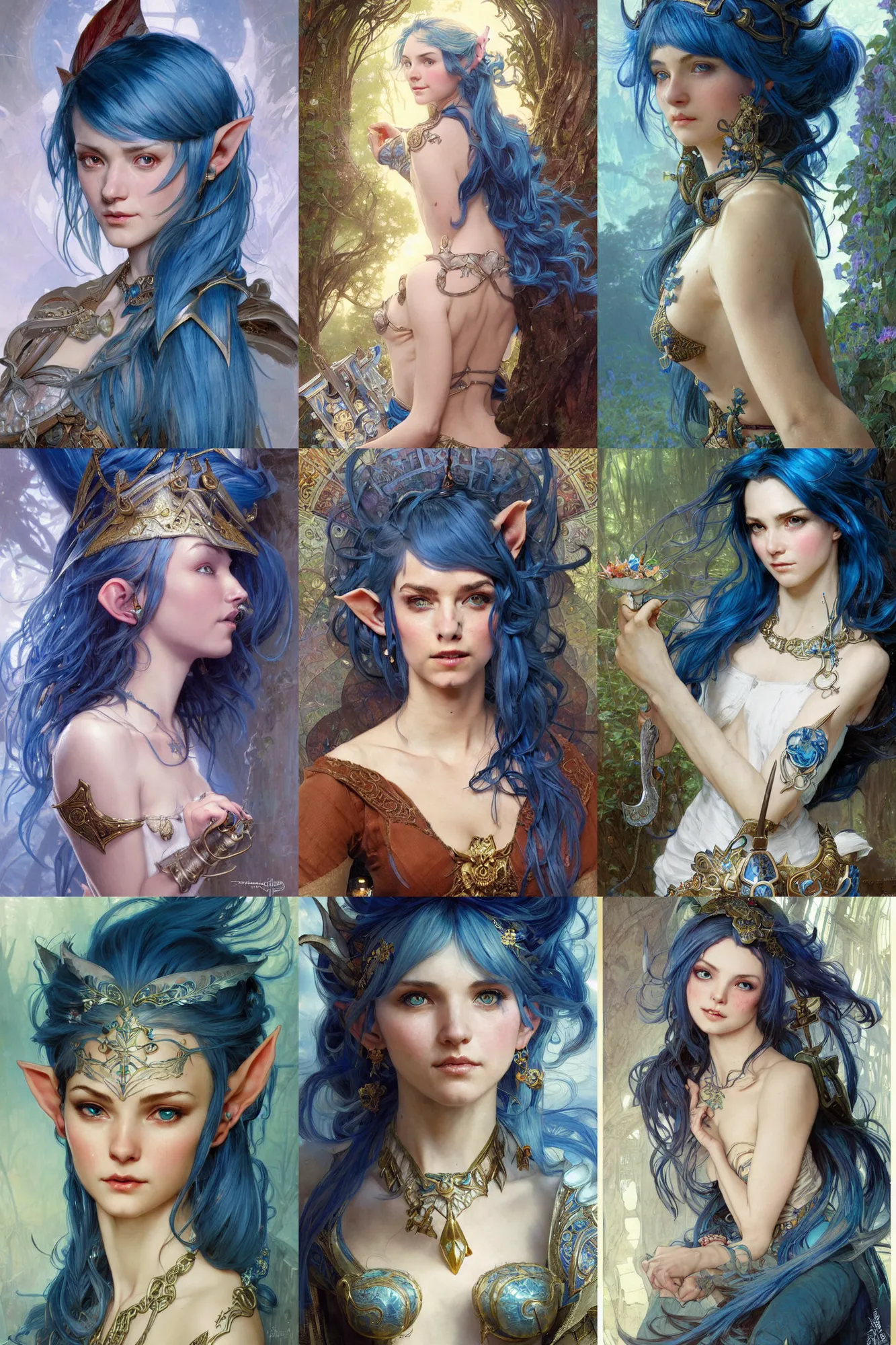 Prompt: sharp portrait of one beautiful high-fantasy elf girl (blue hair), intricate details, highly detailed face and ears, stunning lighting, by Stanley Artgerm Lau, by greg rutkowski, by thomas kindkade, by alphonse mucha, loish, by norman rockwell J.