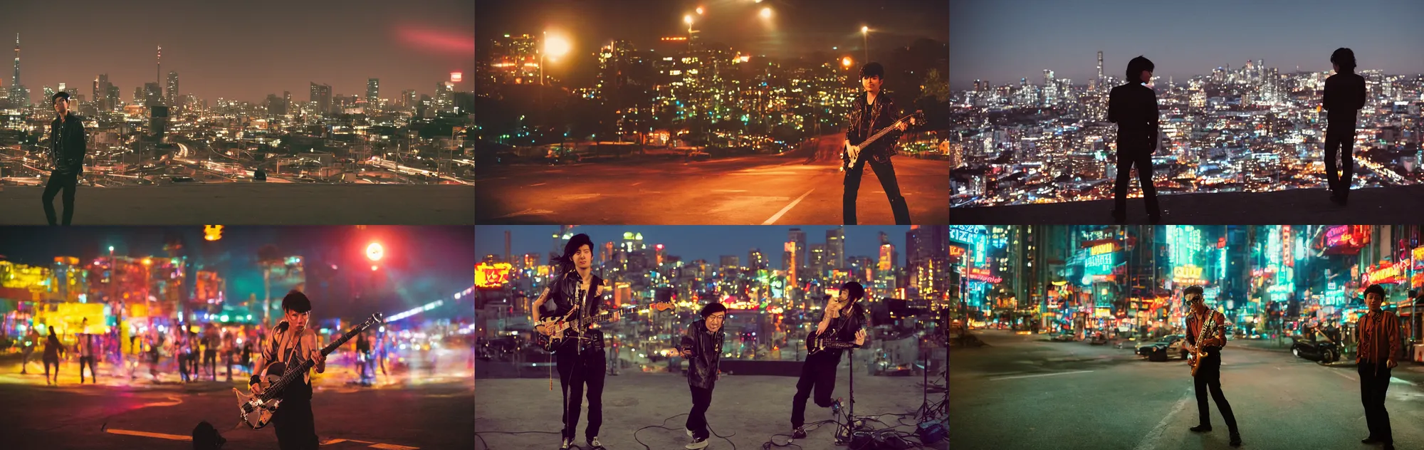 Prompt: The long shot of charismatic disco punk rock young Asian man with messy very long curly dark brown hair playing on jazz guitar, the very strong fresnel top light, top ufo light, twilight city on the background, by Lubezki, anamorphic 35 mm lens, city twilight landscape, cinematic composition, rock movie, Kodachrome film, 4k