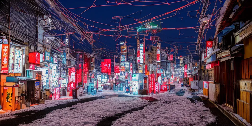 Prompt: a city street at night with a Japanese shrine on it, snowing, photograph, cyberpunk, sharp focus, intricate detail, drone shot, high resolution, 8k, neon streetlights, wires hanging down everywhere, Japan, colourful,,