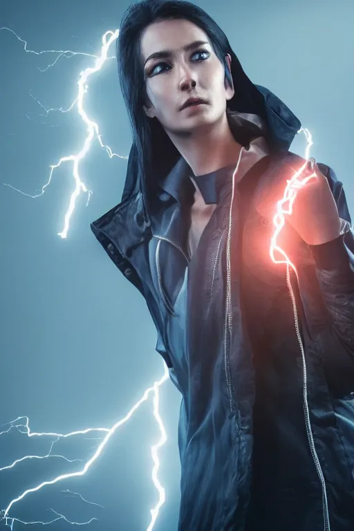 Image similar to woman with lightning in his hands flying several meters above the ground with his arms crossed and with a long jacket, cyberpunk, realistic, high definition, many details, symmetrical face, realistic eyes, unreal engine art 5