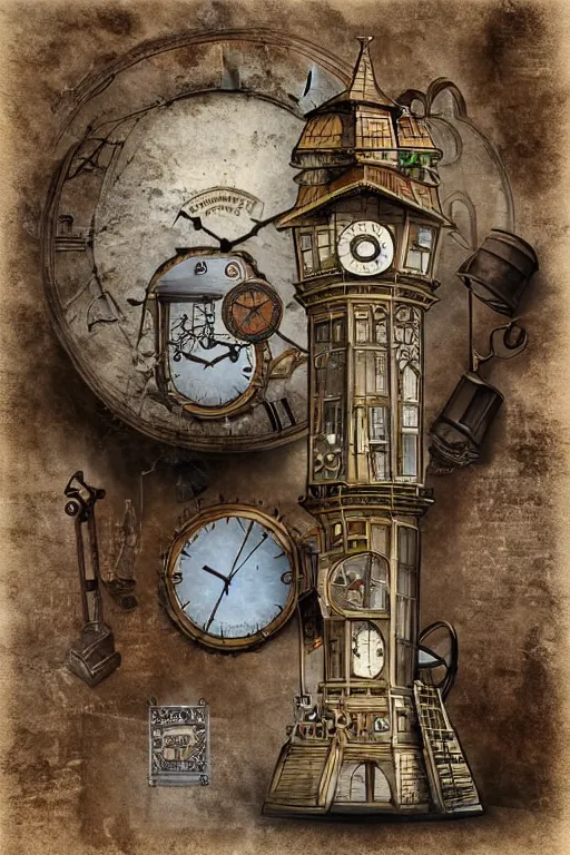 Prompt: the impossible clock tower on the top of a mountain, tower, building, steampunk, papyrus, parchment