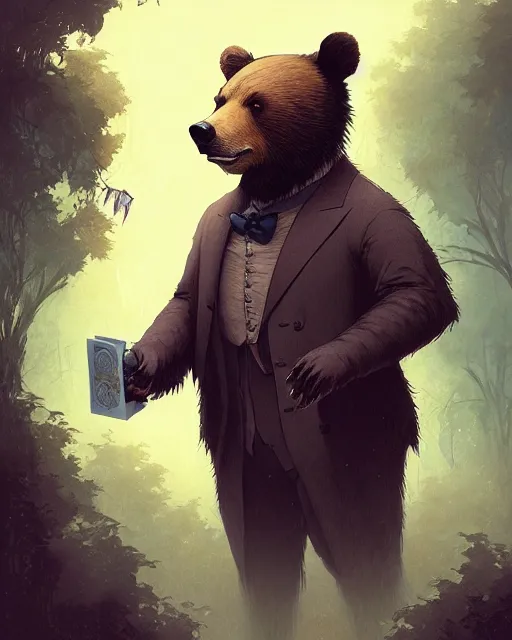 Image similar to anthropomorphic art of a detective bear, victorian inspired clothing by artgerm, victo ngai, ryohei hase, artstation. fractal papersand books. highly detailed digital painting, smooth, global illumination, fantasy art by greg rutkowsky, karl spitzweg