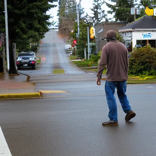 Prompt: bigfoot walking down the street in downtown Bremerton Washington