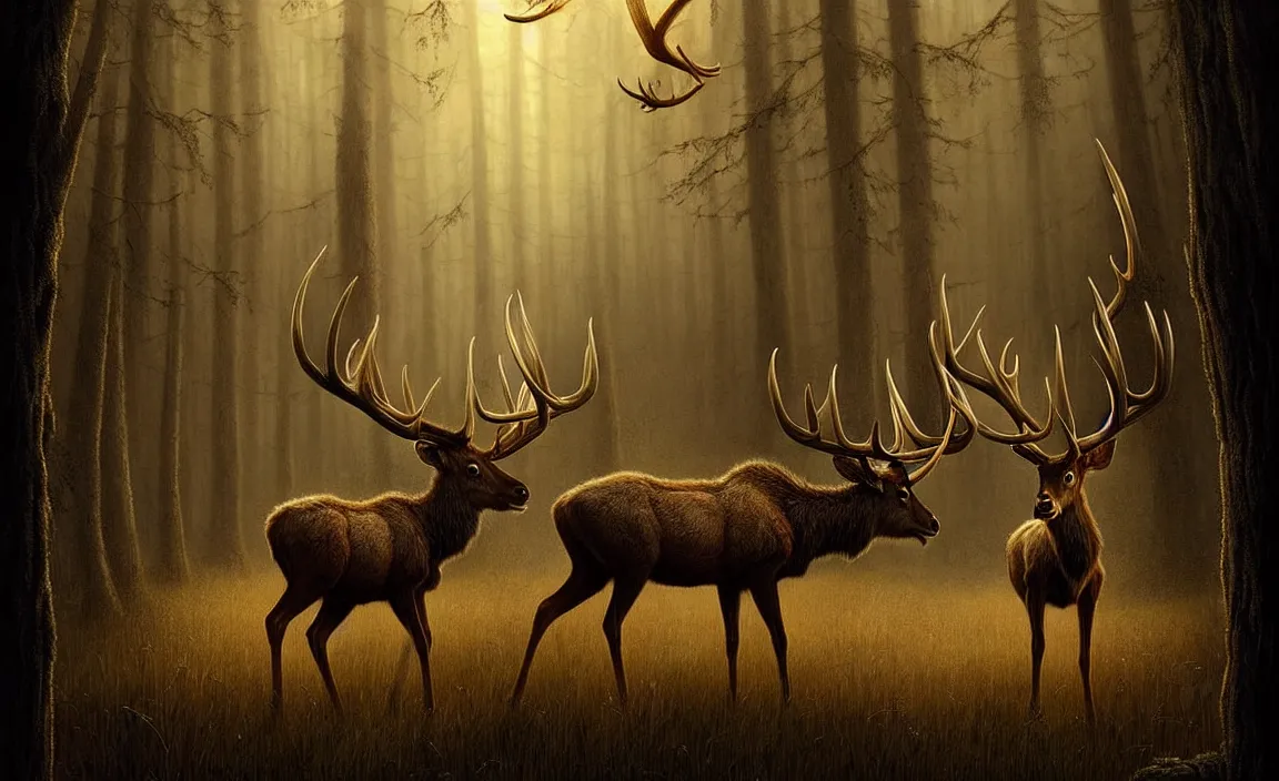 Image similar to epic professional digital art of antlered herbivores, faint golden moody atmospheric lighting, painted, intricate, detailed, detailed, foreboding, by leesha hannigan, wayne haag, reyna rochin, ignacio fernandez rios, mark ryden, iris van herpen,, epic, stunning, gorgeous, much wow, cinematic, masterpiece.