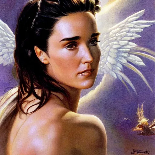 Image similar to frank frazetta portrait of jennifer connelly as angelic light being, full body, 8 k, realistic, photo real, smooth, sharp, intricate detail, hyper detail, dramatic lighting, dramatic shading