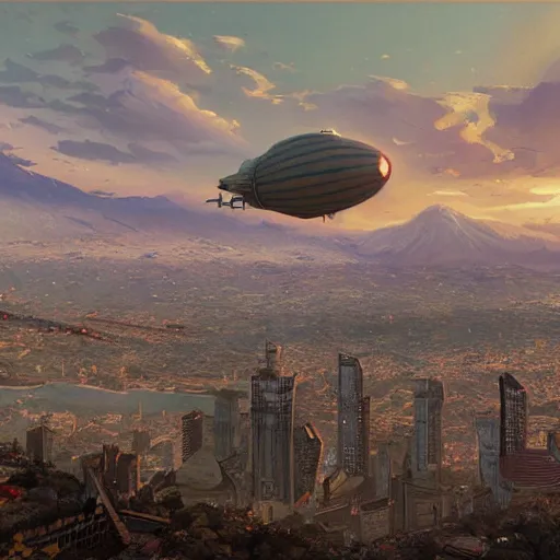 Image similar to a final fantasy airship over santiago of chile, by wes anderson and greg rutkowski