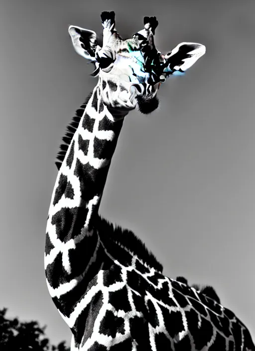Prompt: giraffe black and white portrait white sky in background