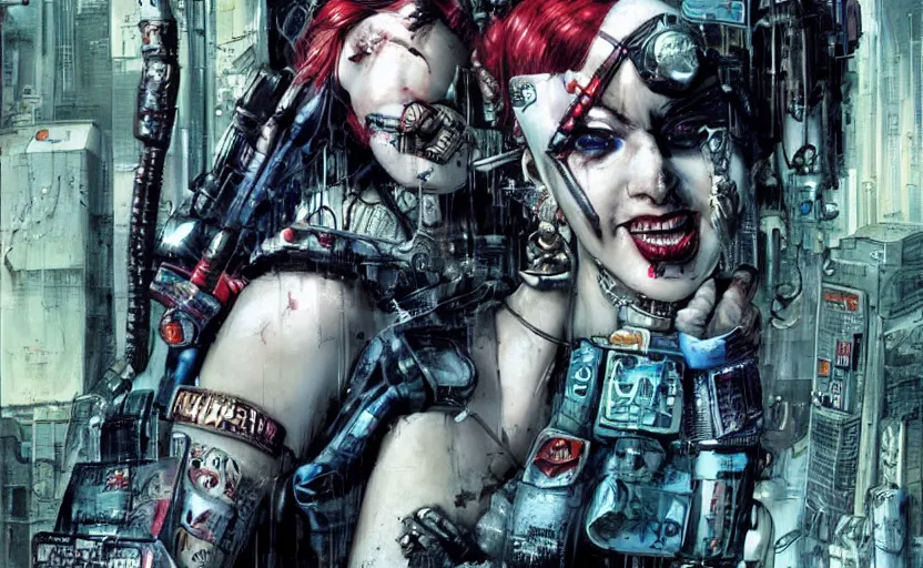 Image similar to a dream portrait of cyberpunk Harley Quinn in post apocalyptic Gotham art by Paul Dini, Travis Charest, Simon Bisley