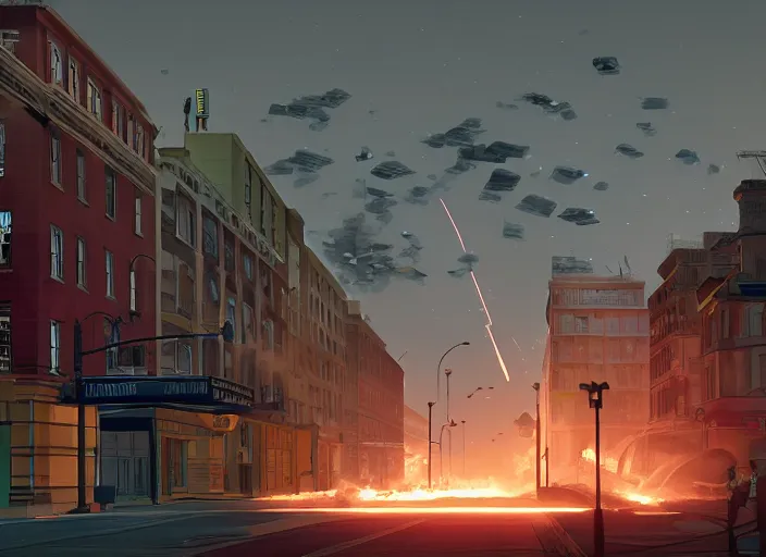 Prompt: crowd of working citizens carrying daily routines on the backdrop of multiple smoke trails of missile warheads hits explosions destroying residential buildings, DSLR 35mm, by Edward Hopper and Dan Mumford and WLOP, Unreal Engine 5, Lumen, Nanite