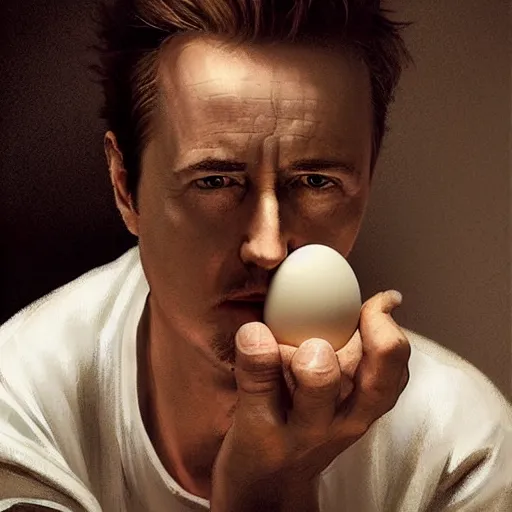 Image similar to a boiled egg with the shell peeling off revealing edward norton's face, highly detailed, dramatic lighting, concept art by caravaggio and greg rutkowski and artgerm