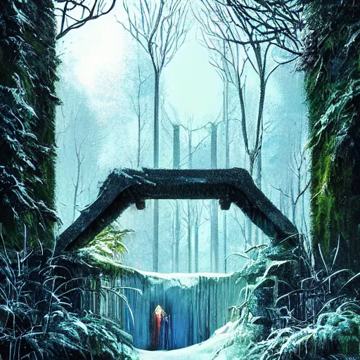 Prompt: frozen derelict portal in a middle of a snowy lush futuristic forest, green lush world seen only through a portal, daylight, cinematic lighting, blue sky, syd mead, john harris