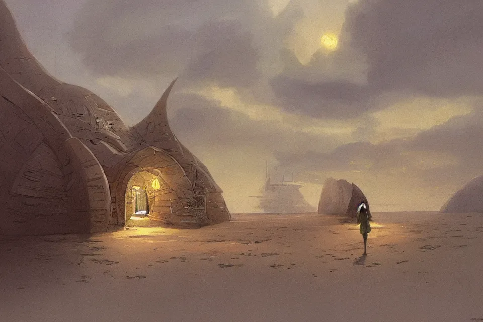 Image similar to atmospheric painting of a giant seashell house, a young girl stands outside, by moebius and john harris, atmospheric, concept art, saturation 8