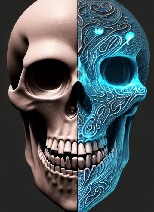 Image similar to 3 d shaman with tattoos profile portrait, sigma 5 0 0 mm f / 5. beautiful intricate highly detailed skull. bioluminescent, plasma, frost, water, wind, creature, gradient background, thunderstorm! artwork by tooth wu and wlop and beeple and greg rutkowski, 8 k trending on artstation,