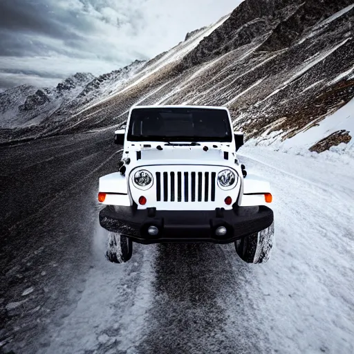 Image similar to white jeep wrangler driving up a steep snowy mountain cornice, high quality digital art, dramatic lighting, cinematic, photo realism