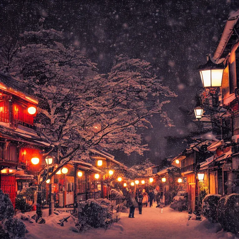 Image similar to illustration of kyoto with many lights and lens flares, snowy winter christmas night