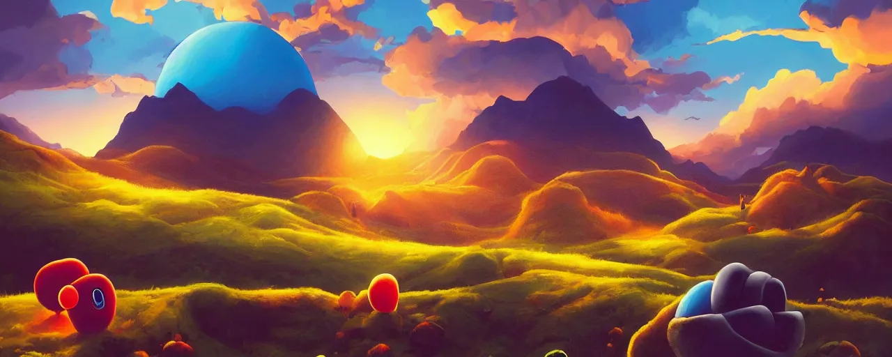 Prompt: detailed round pacman, with ghosts, in a beautiful nature landscape with clouds, mountains, in background, sunset, by rhads, pacman, detailed, coherent