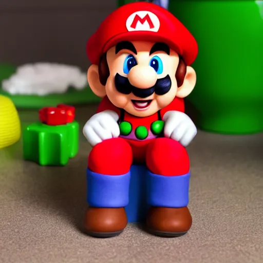 Prompt: claymation, mario sitting on a toilet, depth of field 2 7 0 mm