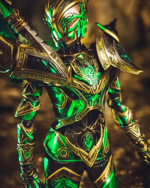 Prompt: an elf ranger wearing green and gold futuristic mecha armor with ornate rune carvings and glowing lining, very detailed, shot in canon 50mm f/1.2,