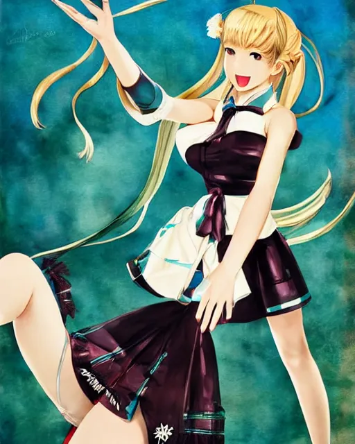 Image similar to Hatsune Miku full body pin up modeling in idol unioform, with a park in the back ground, post war style, detailed face, watercolor art style, by Gil Elvgren