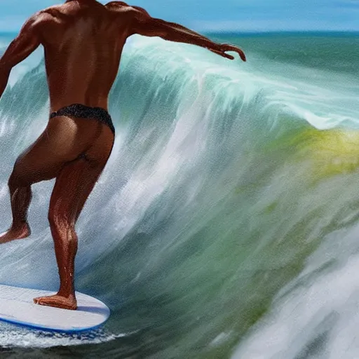 Image similar to barack obama surfing in rough surf holding a margarita, realistic, high detail, volumetric lighting