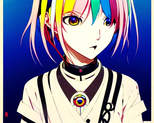 Image similar to takashi murakami, ilya kuvshinov illustration colorful anime portrait of reol, murata range, blue submarine no 6, manga, fine detail, perfect anime face, dramatic lighting, dynamic composition, moody, vivid, alphonse mucha, fine stippled lighting, grain, art deco, cel shading, yoshinari yoh, last exile