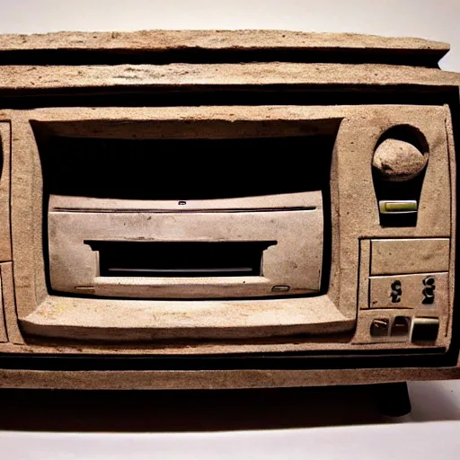 Image similar to a retro crt television carved from stone, ttelevision made by ancient taino