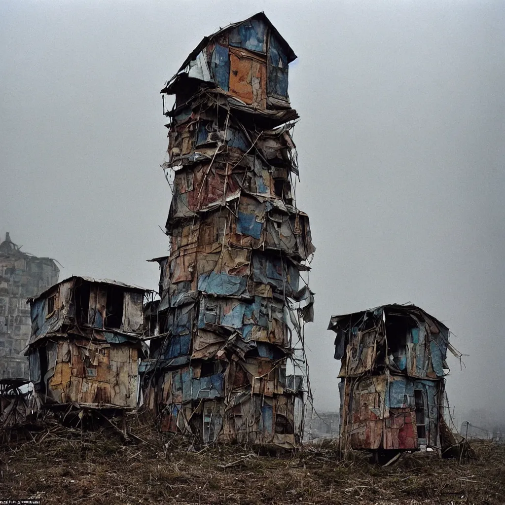 Image similar to close - up view of a tower made up of makeshift squatter shacks with faded colours, moody cloudy sky, uneven fog, dystopia, mamiya, fully frontal view, very detailed, photographed by bruno barbey