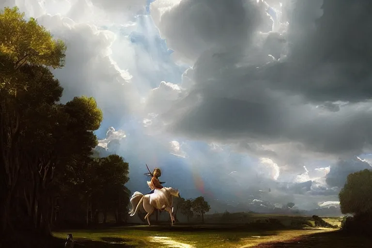 Image similar to a unicorn in the style of Caravaggio, walking across a rainbow. Beautiful clouds, highly detailed. Greg Rutkowski, digital art. Trending on artstation. Dramatic composition and beautiful light.