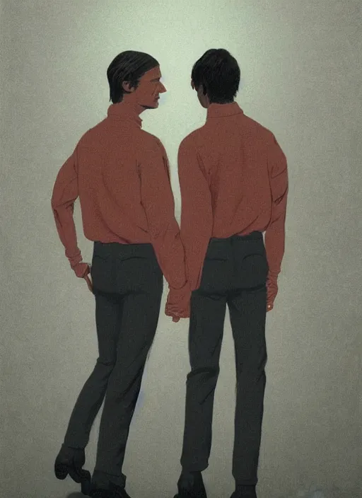 Image similar to Twin Peaks portrait of Mads Mikkelsen and Hugh Dancy holding hands romantically as they chaperone school dance by Zdzislaw Beksinski, Michael Whelan, Bob Larkin and Tomer Hanuka, simple illustration, domestic, nostalgic, clean, Matte painting, trending on artstation and unreal engine, New Yorker magazine cover, 1980s romance book cover