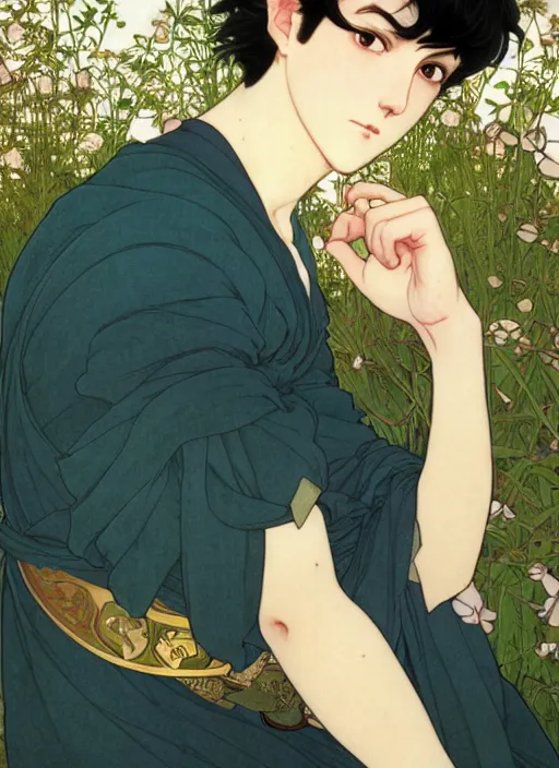 Image similar to pretty young man with short black hair, male, half body shot, path traced, highly detailed, high quality, digital painting, by studio ghibli and alphonse mucha, leesha hannigan, hidari, art nouveau, chiho aoshima, posuka demizu