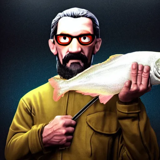 Prompt: gordon freeman with a halo over his head and fish for hands