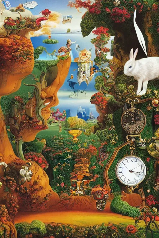 Prompt: the white rabbit is looking at his pocketwatch in wonderland by jacek yerka and salvador dali, detailed matte painting, 8 k resolution