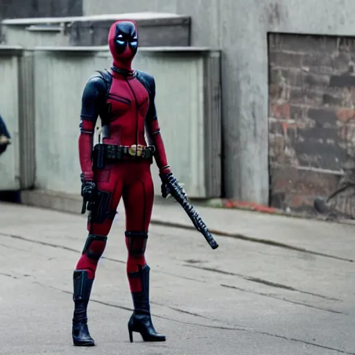 Image similar to film still, Margot Robbie in deadpool suit