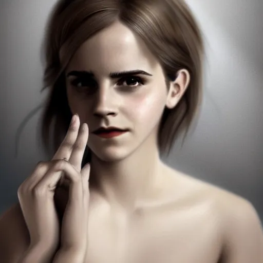 Prompt: Emma Watson showing her ring on correct cute female finger and right cute thumb, realistic, digital painting, portrait, elegant, cinematic lighting, mysterious, highly detailed, artstation, concept art, illustration, smooth, sharp focus, editor's pickup, trending on artstation, trending on deviantart, alphonse mucha, WLOP