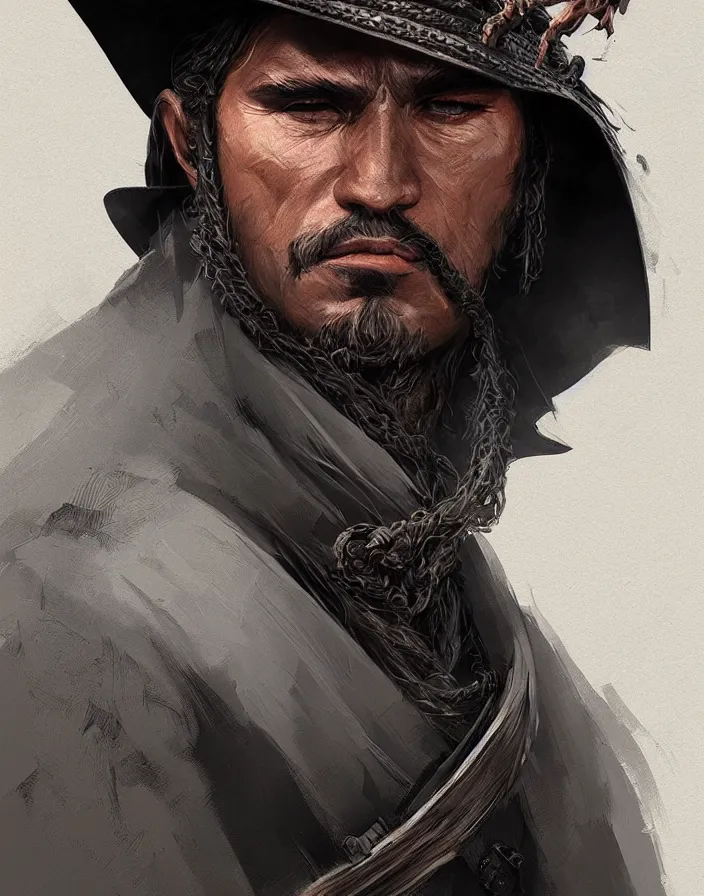 Prompt: misterious gaucho bandido commander, shady look, a raggy long poncho, magic the gathering, ready to shoot, intricate, highly detailed, digital painting, artstation, concept art, sharp focus, illustration, geometric dripped ink background, art by Artgerm, Grafit Studio, and Greg Rutkowski and Craig Mullins