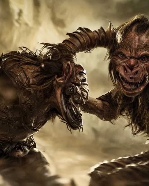 Image similar to highly detailed portrait of a movie goblin, attacking a human warrior with natural brown hair and leather armor. depth of field, breathtaking, detailed and intricate environment, 8 k resolution, hyperrealistic