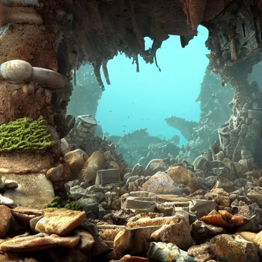 Image similar to 8 k hd detailed octane render of ruins of a sunken city under the sea