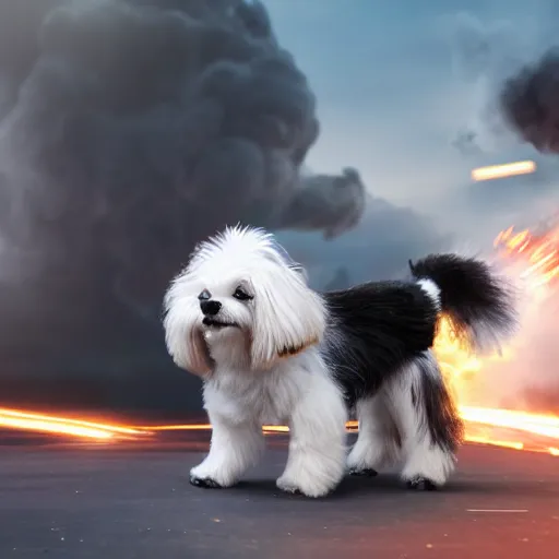 Image similar to photograph of a futuristic robotic black coton de tulear dog with black fur, wearing power armor, explosion in the background, cinematic