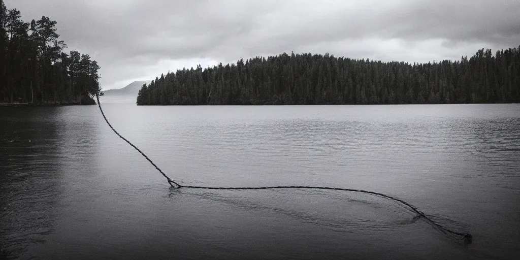 Image similar to symmetrical photograph of an infinitely long rope on the surface of the water, the rope is snaking from the foreground towards the center of the lake, a dark lake on a cloudy day, trees in the background, moody scene, anamorphic lens