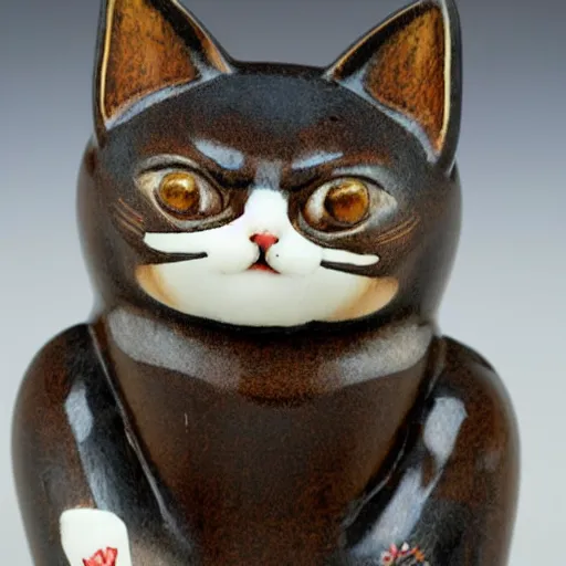 Prompt: demure anthropomorphic cat figurine wearing a kimono, brown resin, highly detailed, intricate, monotone, head tilted down