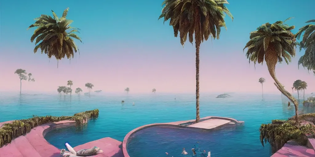 Image similar to artgem and greg rutkowski masterpiece, hyperrealistic surrealism, award winning masterpiece with incredible details, epic stunning, infinity pool, a surreal vaporwave liminal space, highly detailed, trending on ArtStation, calming, meditative, pink arches, palm trees, very vaporwave, very very surreal, sharp details, dreamscape