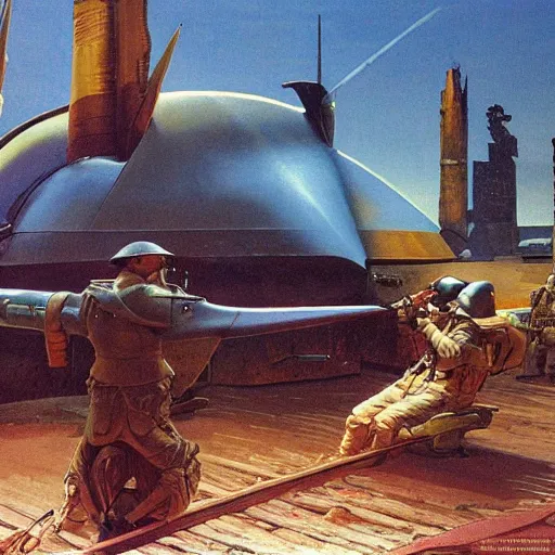 Image similar to syd mead fictional history world war 2 medieval weapons hyperrealism photo - realistic lifelike photography roger dean moebius