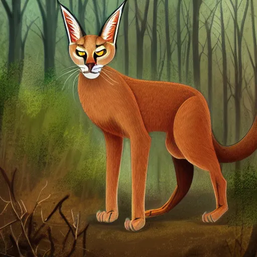 Image similar to photo of a cate caracal in the woods ilustration, concept art, sharp focus, ArtStation