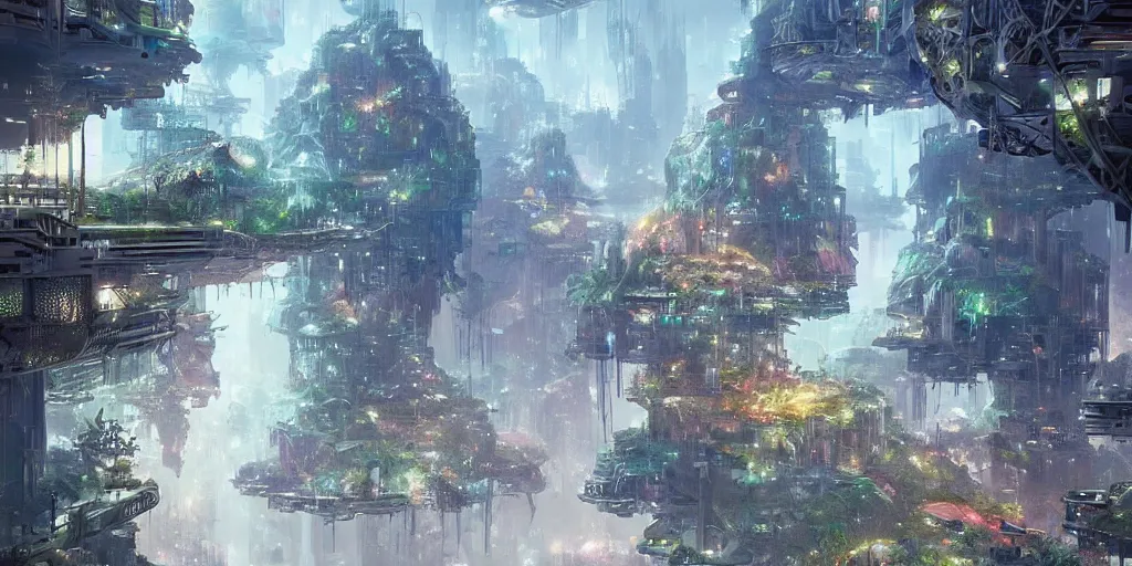 Prompt: Aesthetic!!!!! Future city made of Crystal structures in nature, buildings surrounded by nature by Jordan Grimmer. Geoffroy Thoorens.