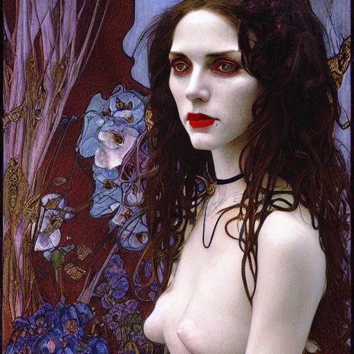 Image similar to portrait of a lady vampire, 35mm, 1920', depth of field, ominous, sharp, highly detailed, photorealistic, realistic, high definition, 8k, deviantart, donato giancola, irwin penn, Alphonse Mucha