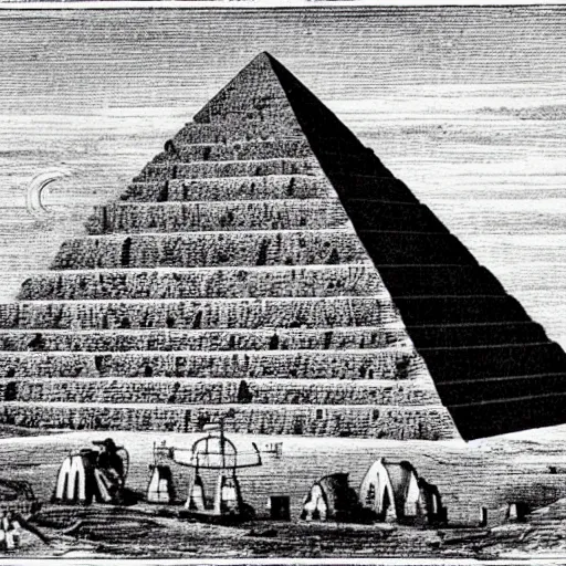 Prompt: an old journal page with a rich illustration of a ufo laying blocks of a half-built Pyramid of Giza