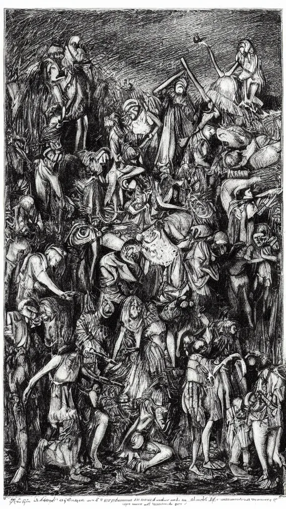 Prompt: an etching of pagan folklore, by david gentleman