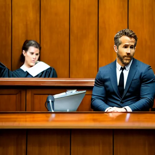 Image similar to ryan reynolds on trial sitting beside his lawyer in a courtroom, highly detailed, extremely high quality, hd, 4 k, 8 k, professional photographer, 4 0 mp, lifelike, top - rated, award winning, realistic, detailed lighting, detailed shadows, sharp, no blur, edited, corrected, trending