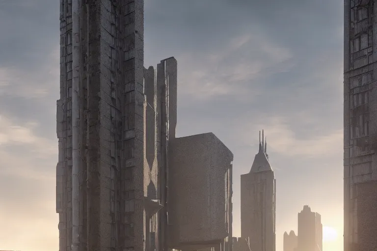 Image similar to streetscape, a towering cathedral of brutalist architecture, buildings covered with greebles, stunning volumetric light, sunset, metal, concrete and translucent material, stunning skies, majestic landscape, trending on Artstation, 8k, photorealistic, hyper detailed, unreal engine 5, IMAX quality, cinematic, epic lighting, in the style of Greg Rutkowski